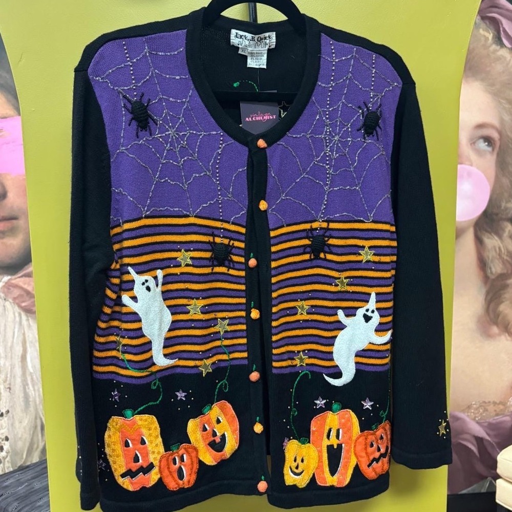 Jack B Quick Vintage Halloween Cardigan XL Black Purple Pumpkin Ghost Spider